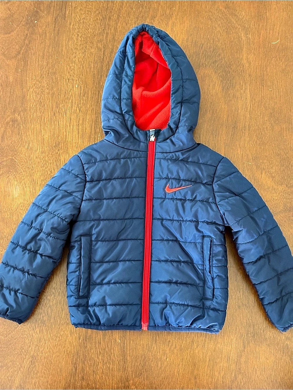 Nike Toddler Boys 2T Navy Red Puffer Jacket Fleece Lined Hooded Just Do It